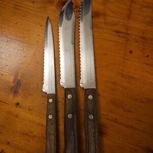 Vintage Ekco Flint Vanadium Knife Set - 3 Piece - Serrated & Utility - Wood